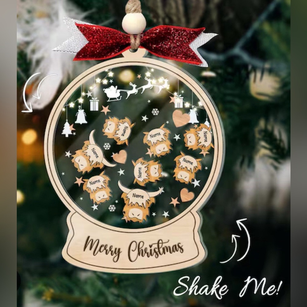 Personalize your Family’s Name Ornaments – Highland Cow, Snow Globe Shaker